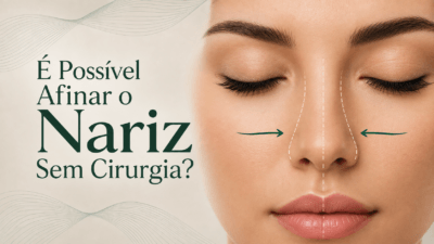 Rosto feminino com setas nas laterais do nariz e o título É possível afinar o nariz sem cirurgia?, capa de artigo sobre rinomodelação e rinoplastia