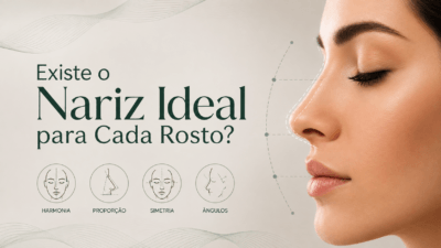 Perfil de rosto feminino com ícones de proporção facial e o título Existe o nariz ideal para cada rosto?, capa de artigo sobre rinoplastia
