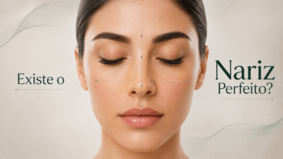 Rosto feminino de olhos fechados e o título Existe o nariz perfeito?, capa de artigo sobre rinoplastia